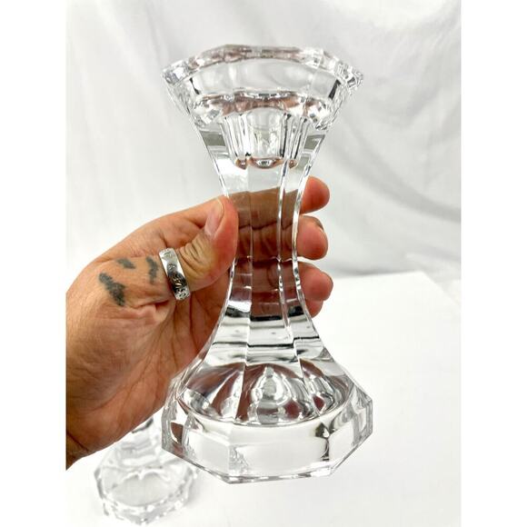 VTG Pair Of Heavy Lead Crystal Glass Candlesticks 5.5” Ornate Candle Holder - Picture 2 of 11